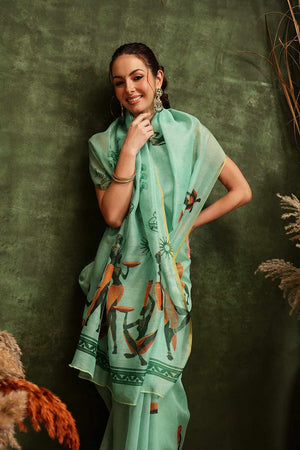 Green Chanderi Abstract Printed Cotton  Saree