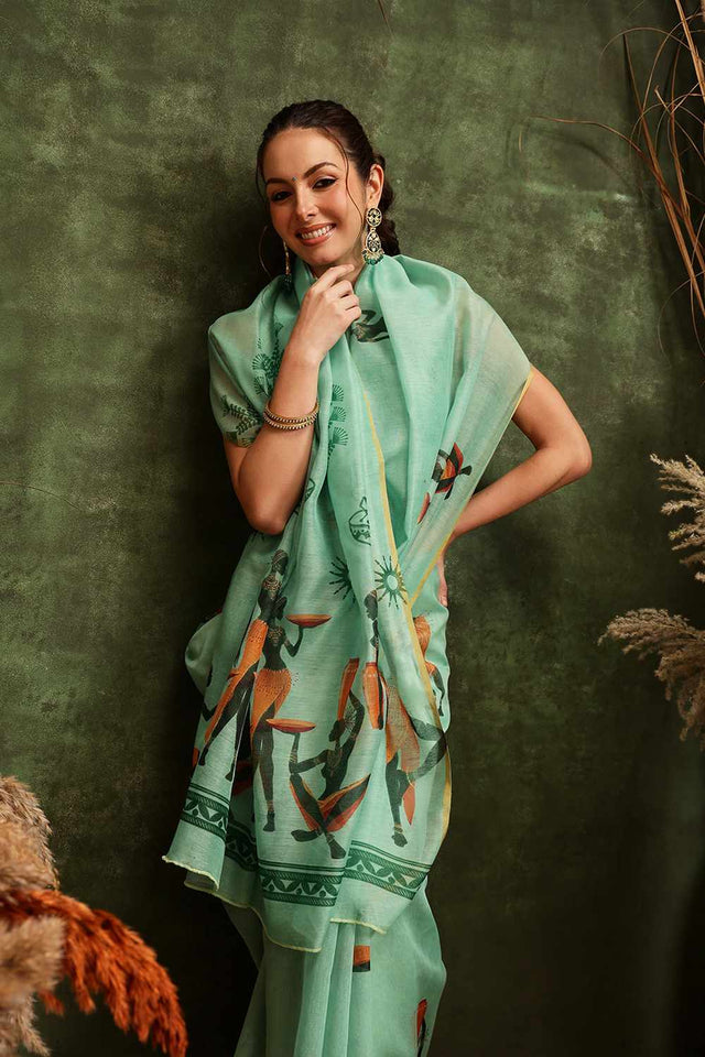 Green Chanderi Abstract Printed Cotton  Saree