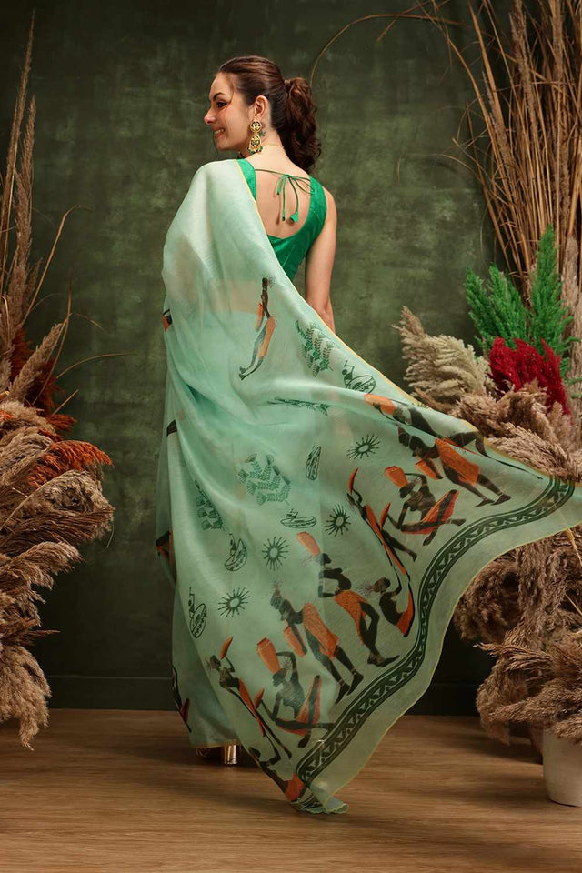 Green Chanderi Abstract Printed Cotton  Saree