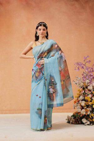 Blue Chanderi Abstract Printed Cotton  Saree