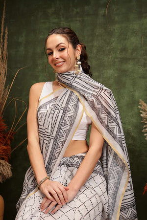 White Chanderi Floral Printed Cotton  Saree
