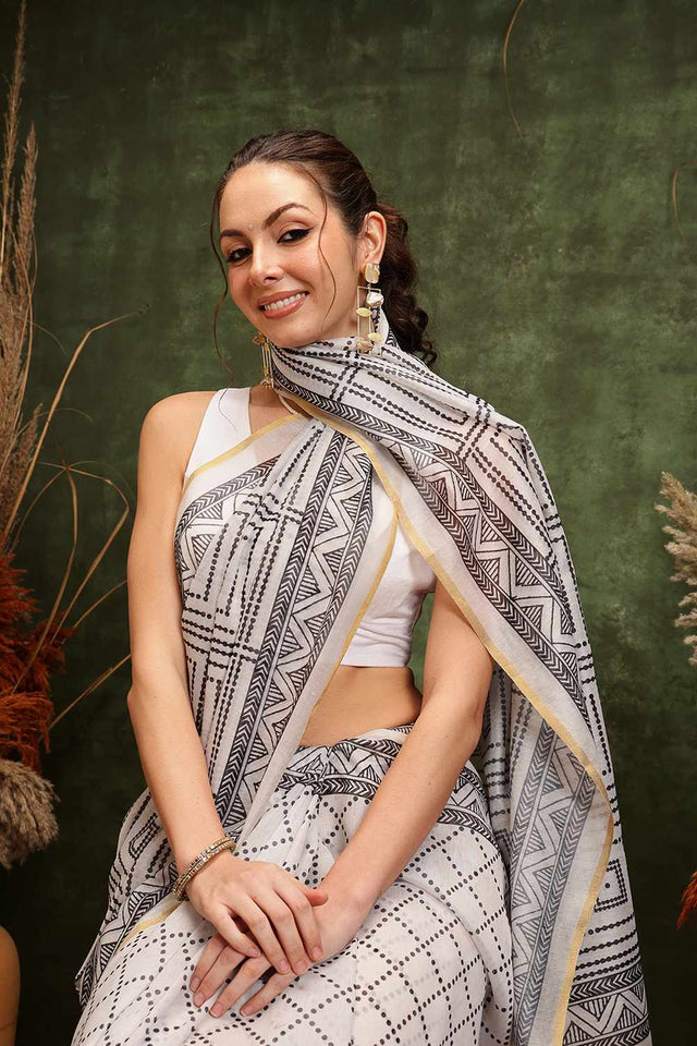 White Chanderi Floral Printed Cotton  Saree
