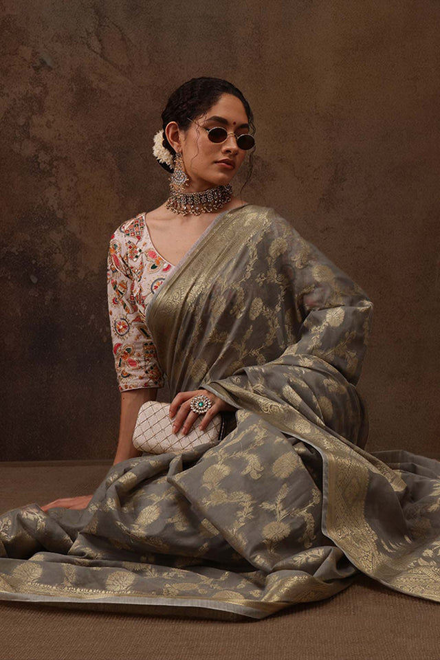Grey Cotton Blend Floral Woven Saree