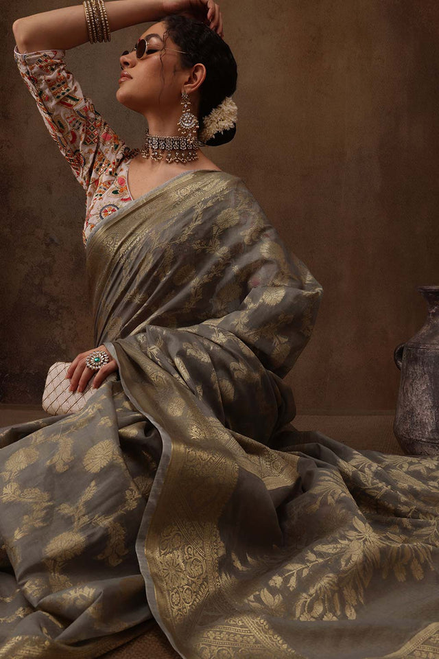 Grey Cotton Blend Floral Woven Saree