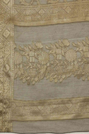 Grey Cotton Blend Floral Woven Saree