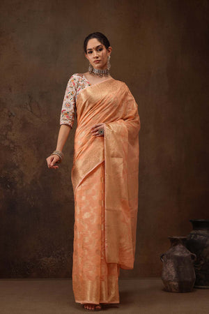 Peach Cotton Blend Floral Woven Saree