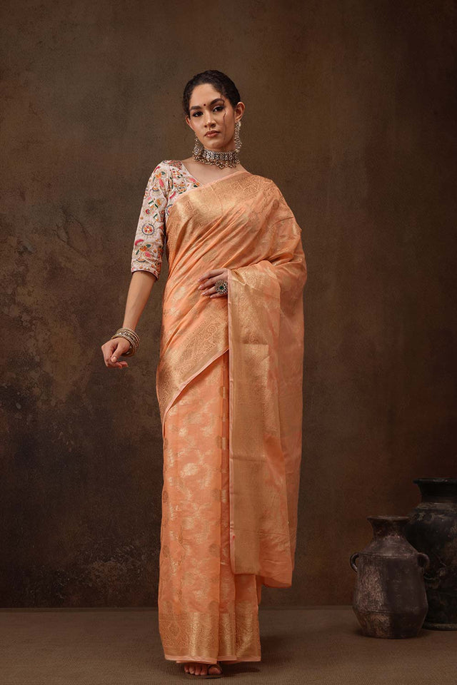 Peach Cotton Blend Floral Woven Saree