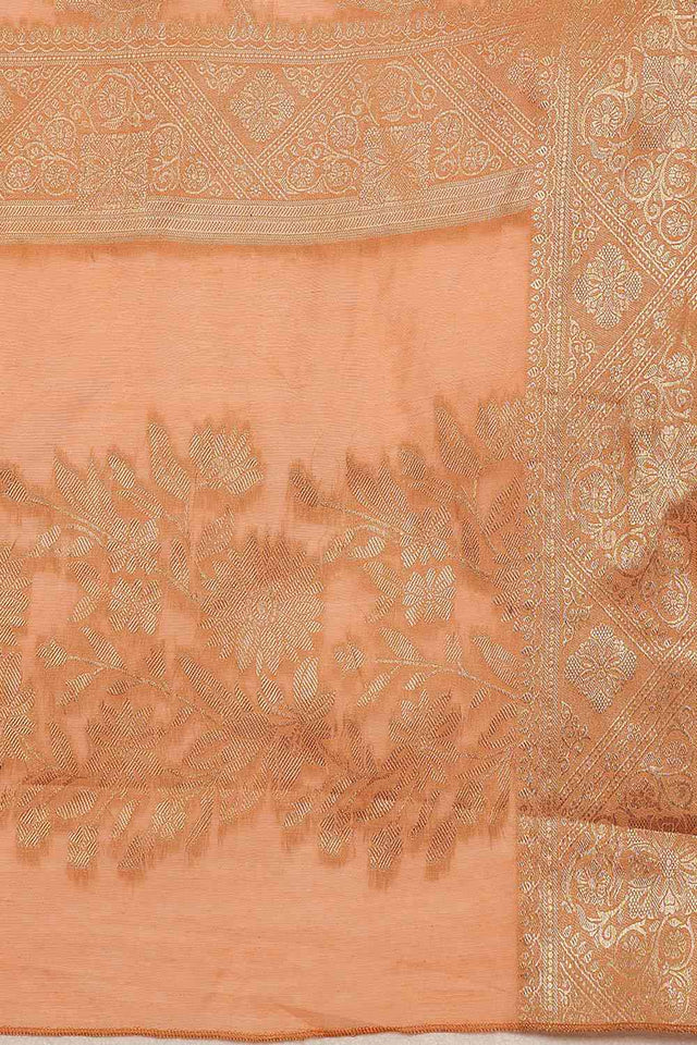 Peach Cotton Blend Floral Woven Saree