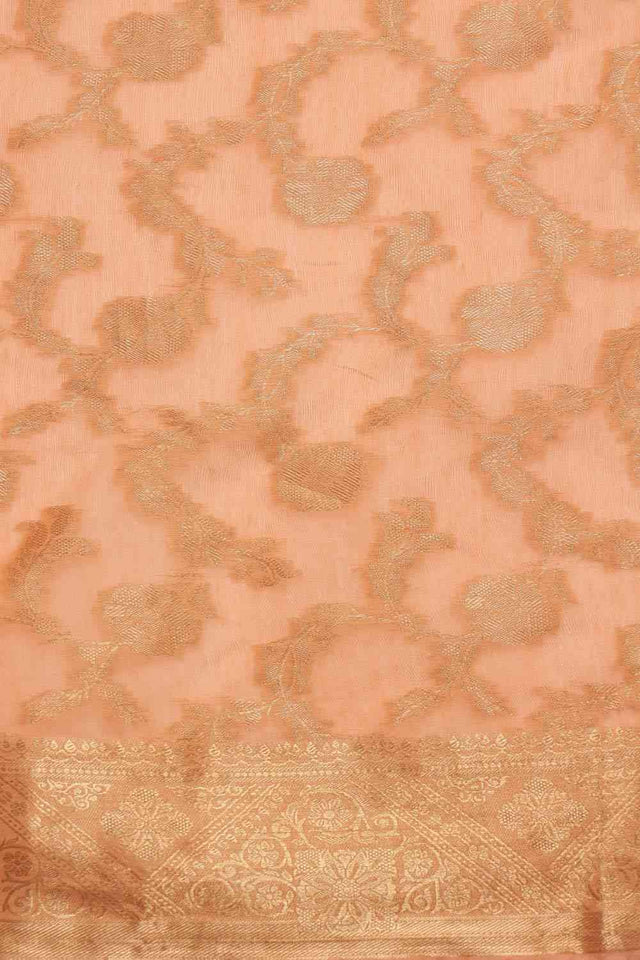 Peach Cotton Blend Floral Woven Saree
