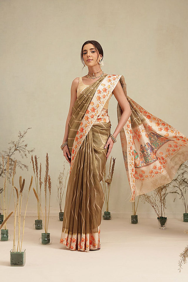 Olive Green Floral Printed Tissue Saree (SZ-EMA-GN-3204)