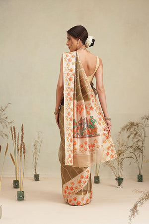 Olive Green Floral Printed Tissue Saree (SZ-EMA-GN-3204)