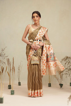Olive Green Floral Printed Tissue Saree (SZ-EMA-GN-3204)