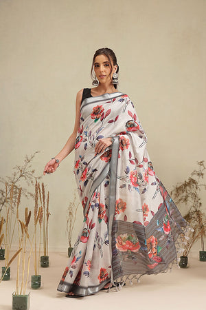 White Floral Printed Art Silk Saree (SZ-EVA-WT-3202)