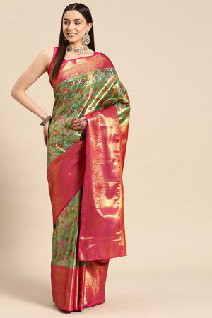 Green Floral Printed Silk Saree