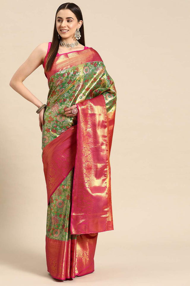 Green Floral Printed Silk Saree