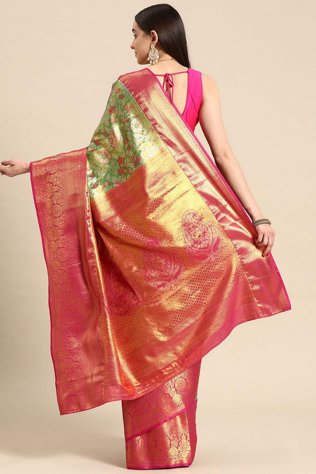 Green Floral Printed Silk Saree