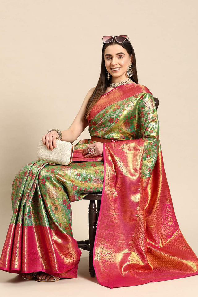 Green Floral Printed Silk Saree