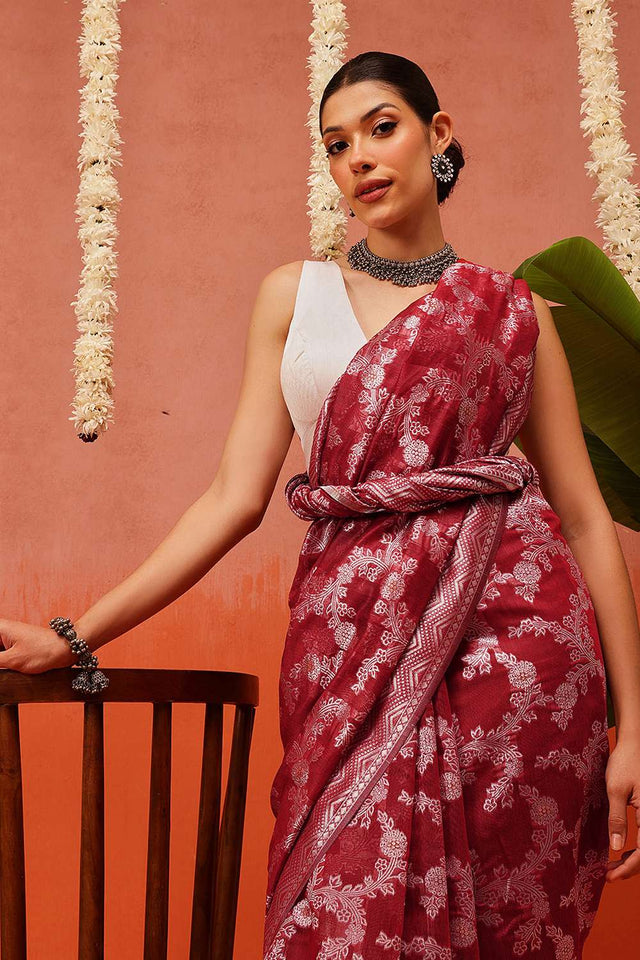 Maroon Woven Cotton Saree
