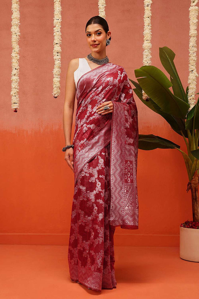 Maroon Woven Cotton Saree