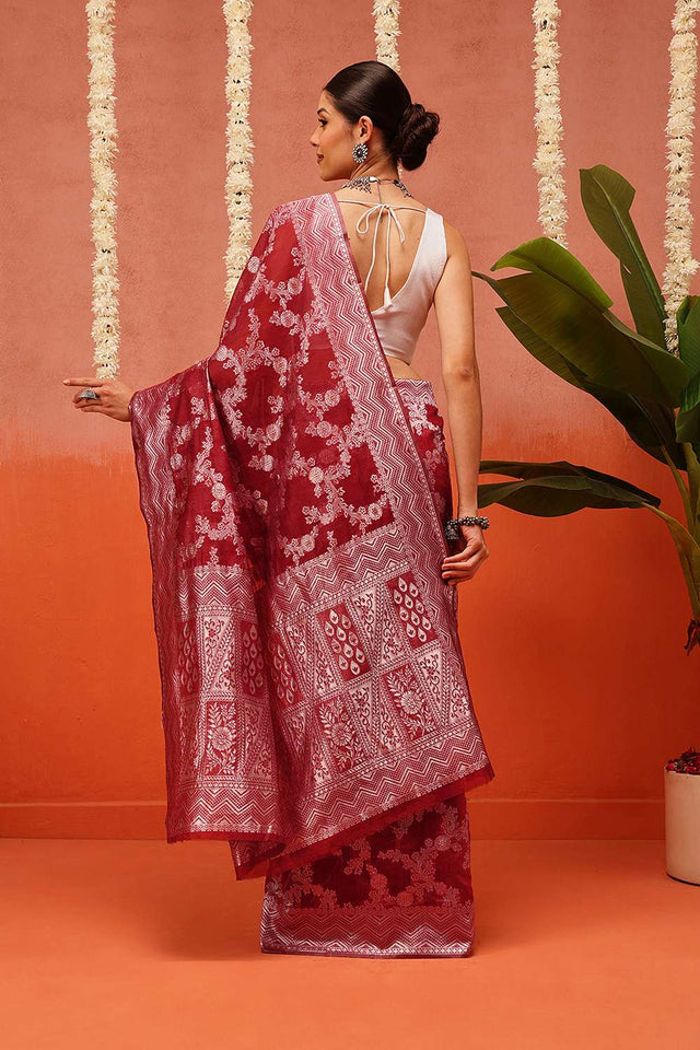 Maroon Woven Cotton Saree