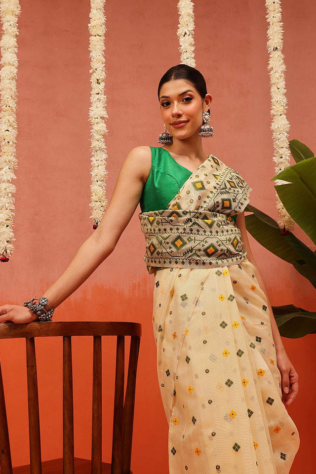 Beige Woven Cotton Saree