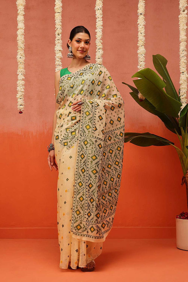 Beige Woven Cotton Saree