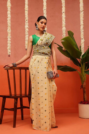 Beige Woven Cotton Saree