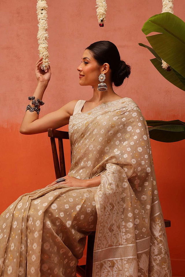 Beige Woven Cotton Saree