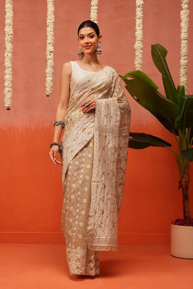 Beige Woven Cotton Saree