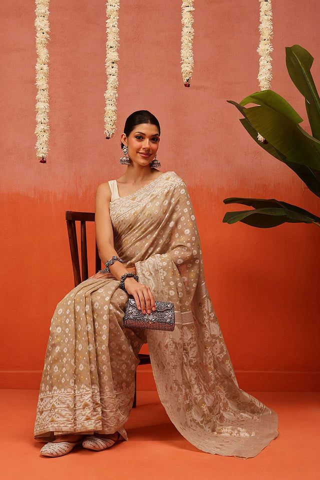 Beige Woven Cotton Saree