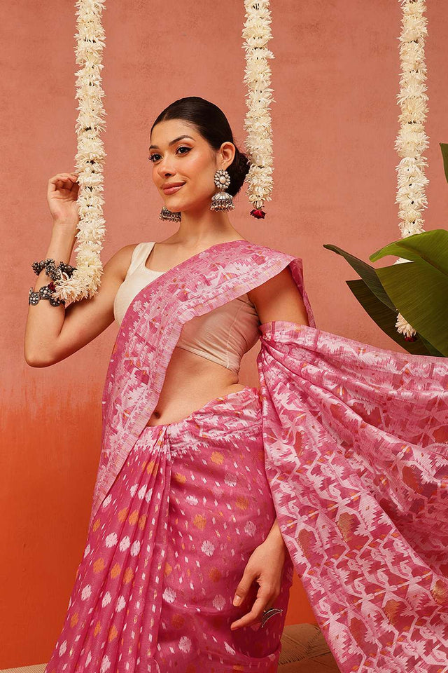 Pink Woven Cotton Saree