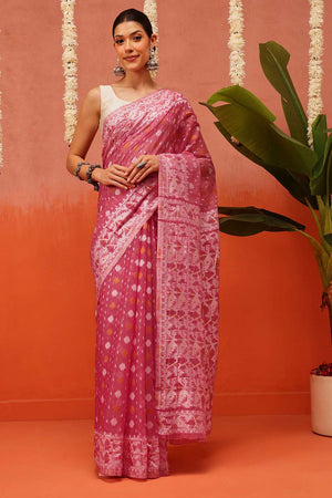Pink Woven Cotton Saree