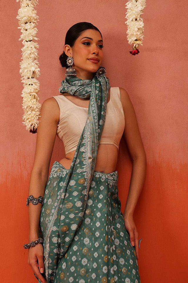 Turquoise Woven Cotton Saree