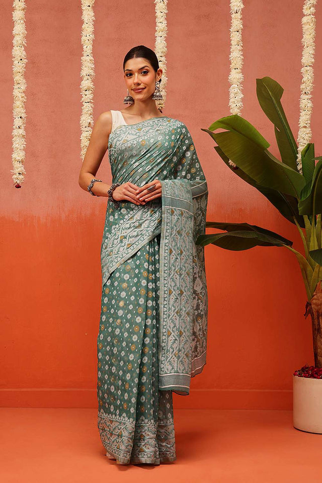 Turquoise Woven Cotton Saree