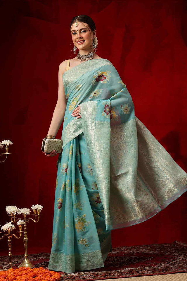 Turquoise Woven Design Cotton Saree
