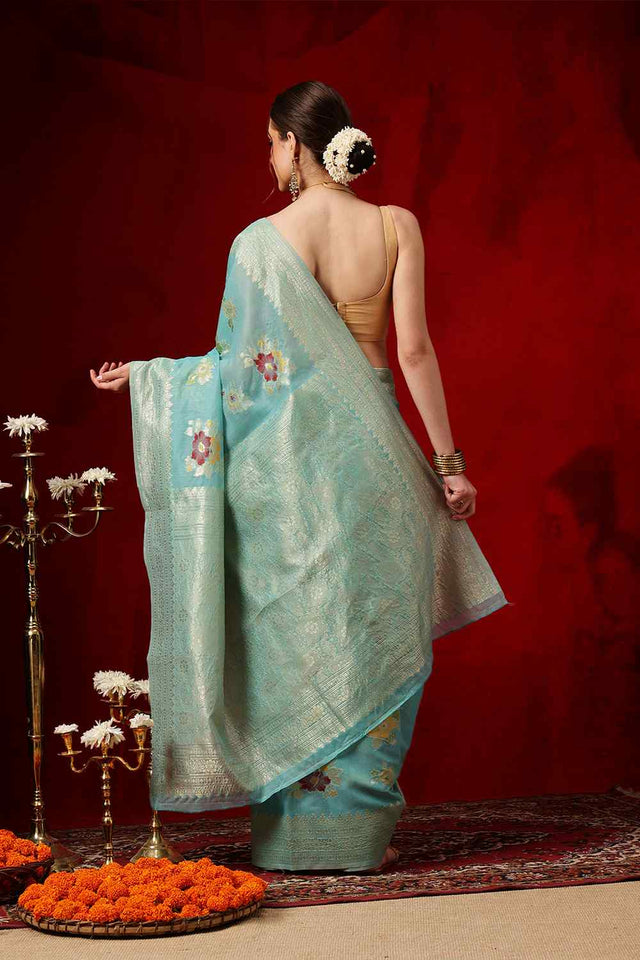 Turquoise Woven Design Cotton Saree