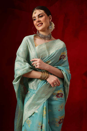 Turquoise Woven Design Cotton Saree