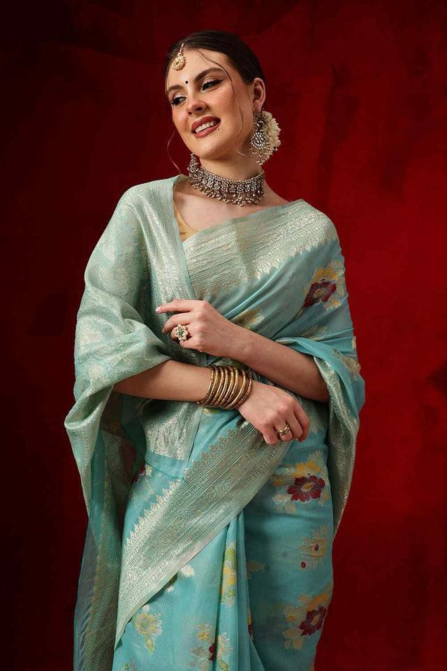 Turquoise Woven Design Cotton Saree