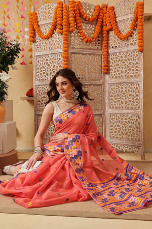 Peach Woven Design Cotton Saree