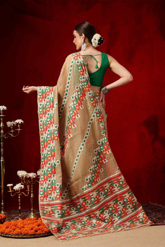 Beige Woven Design Cotton Saree