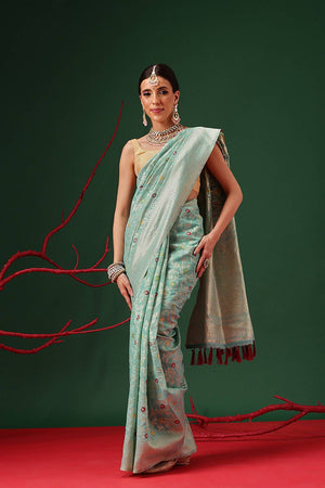 Turquoise Woven Cotton Saree