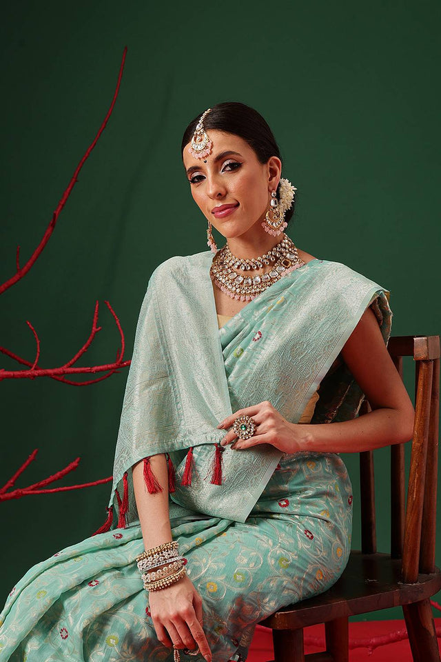 Turquoise Woven Cotton Saree