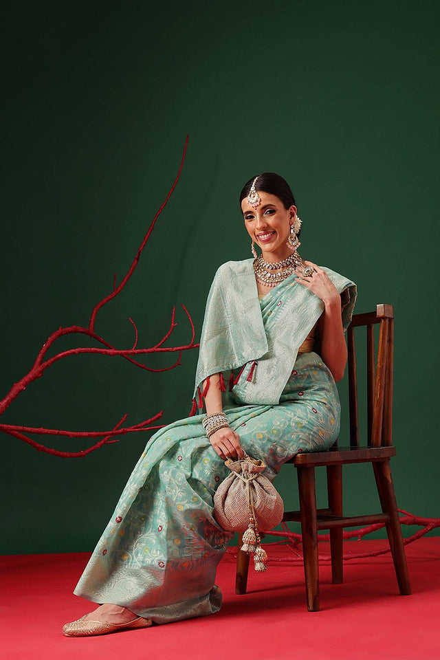 Turquoise Woven Cotton Saree