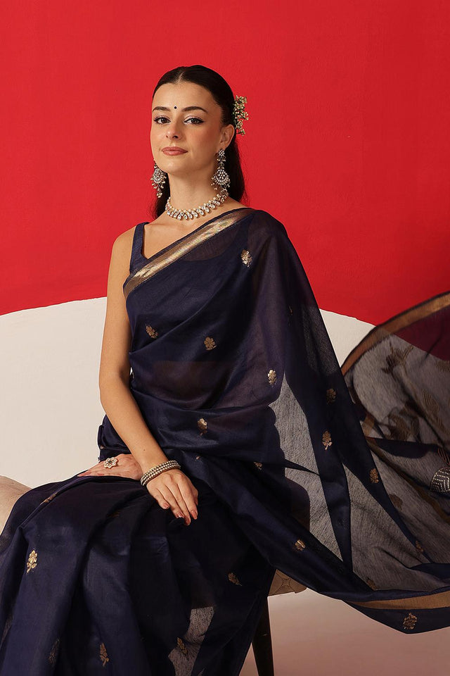 Blue Woven Cotton Blend Saree (SZ-JMD34-BU-3043)