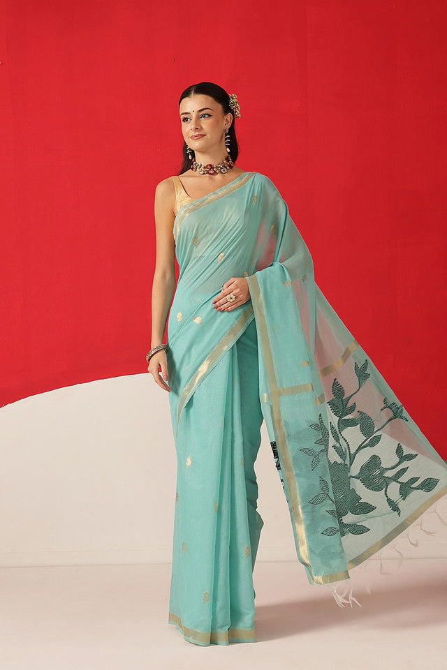 Turquoise Woven Cotton Blend Saree (SZ-JMD35-TL-3048)