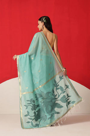 Turquoise Woven Cotton Blend Saree (SZ-JMD35-TL-3048)