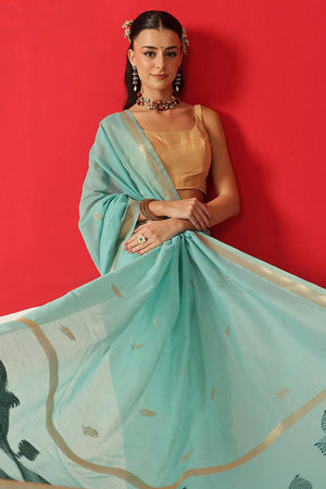 Turquoise Woven Cotton Blend Saree (SZ-JMD35-TL-3048)
