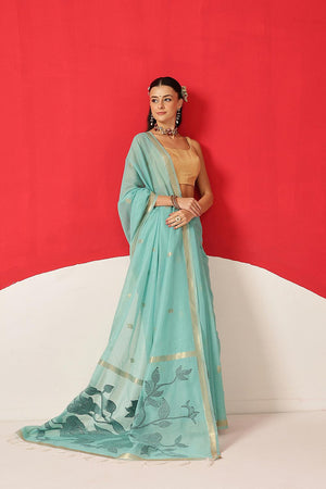 Turquoise Woven Cotton Blend Saree (SZ-JMD35-TL-3048)