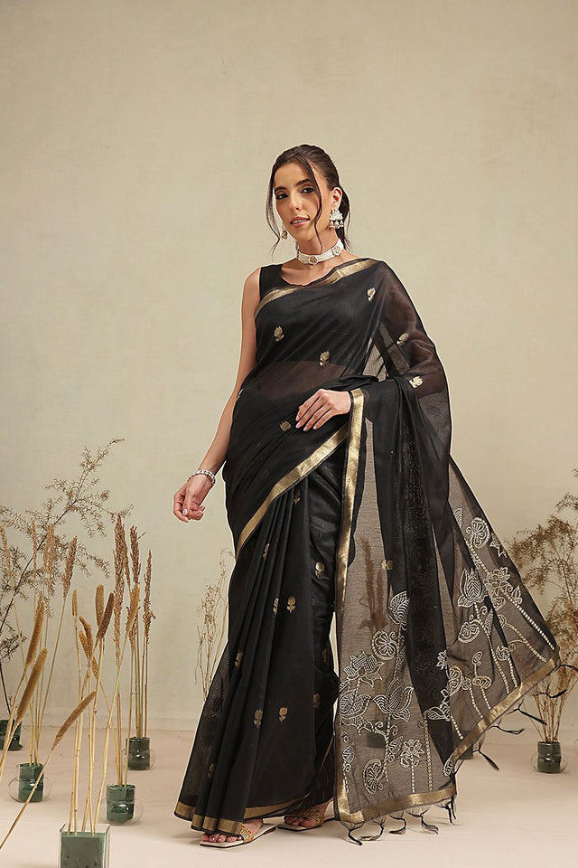 Black Floral Woven Cotton Blend Saree (SZ-JMD36-BL-3154)