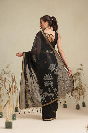 Black Floral Woven Cotton Blend Saree (SZ-JMD36-BL-3154)